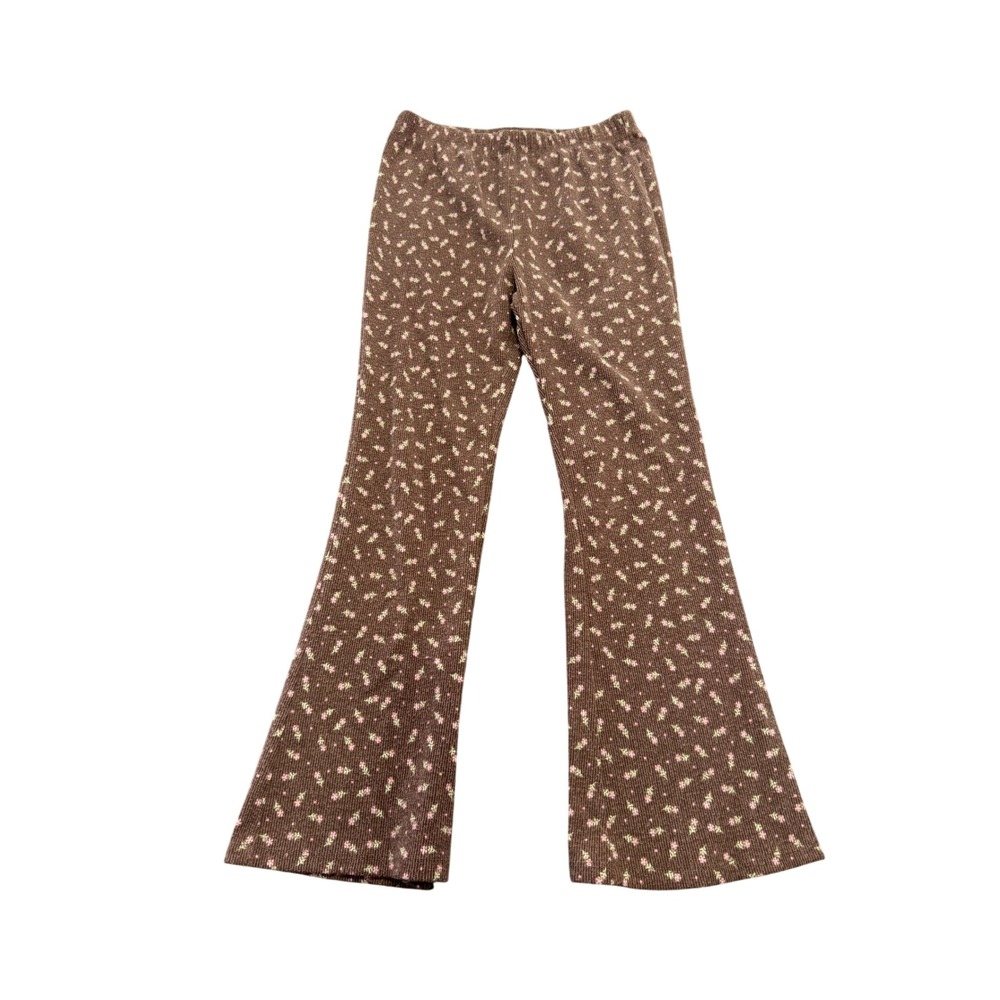 Paisley Lane Girls Brown Floral Corduroy Flare Pants Size 8 Elastic Waist Ribbed